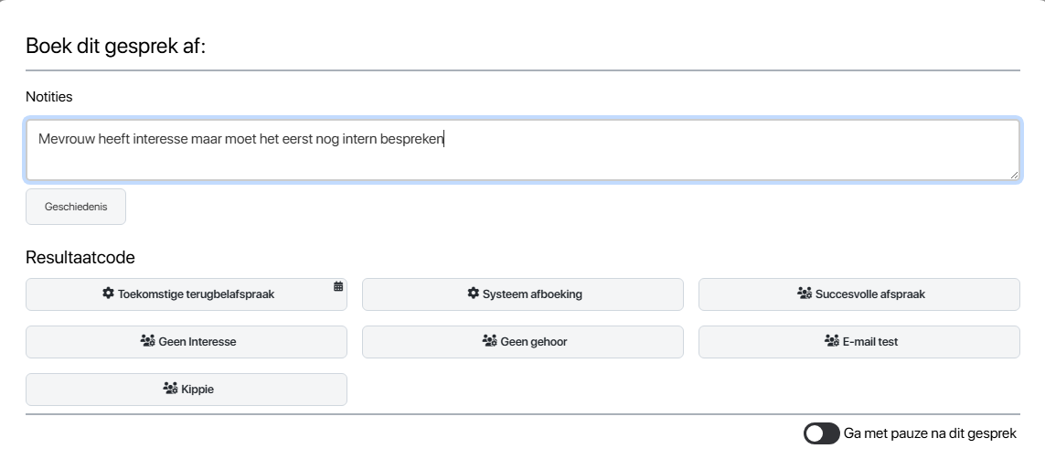 Telfcorce callcenter software afboekscherm met resultaatcodes
